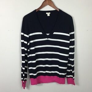 J.crew jcrew Navy blue & white stripe v-neck sweater with pink trim cotton Large